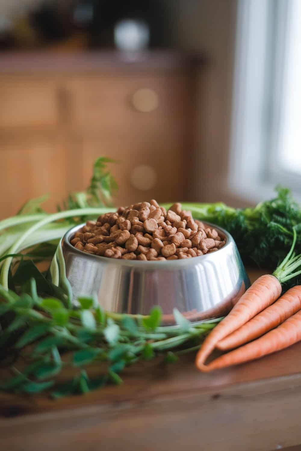 A bowl of dog food surrounded by fresh carrots and greens.