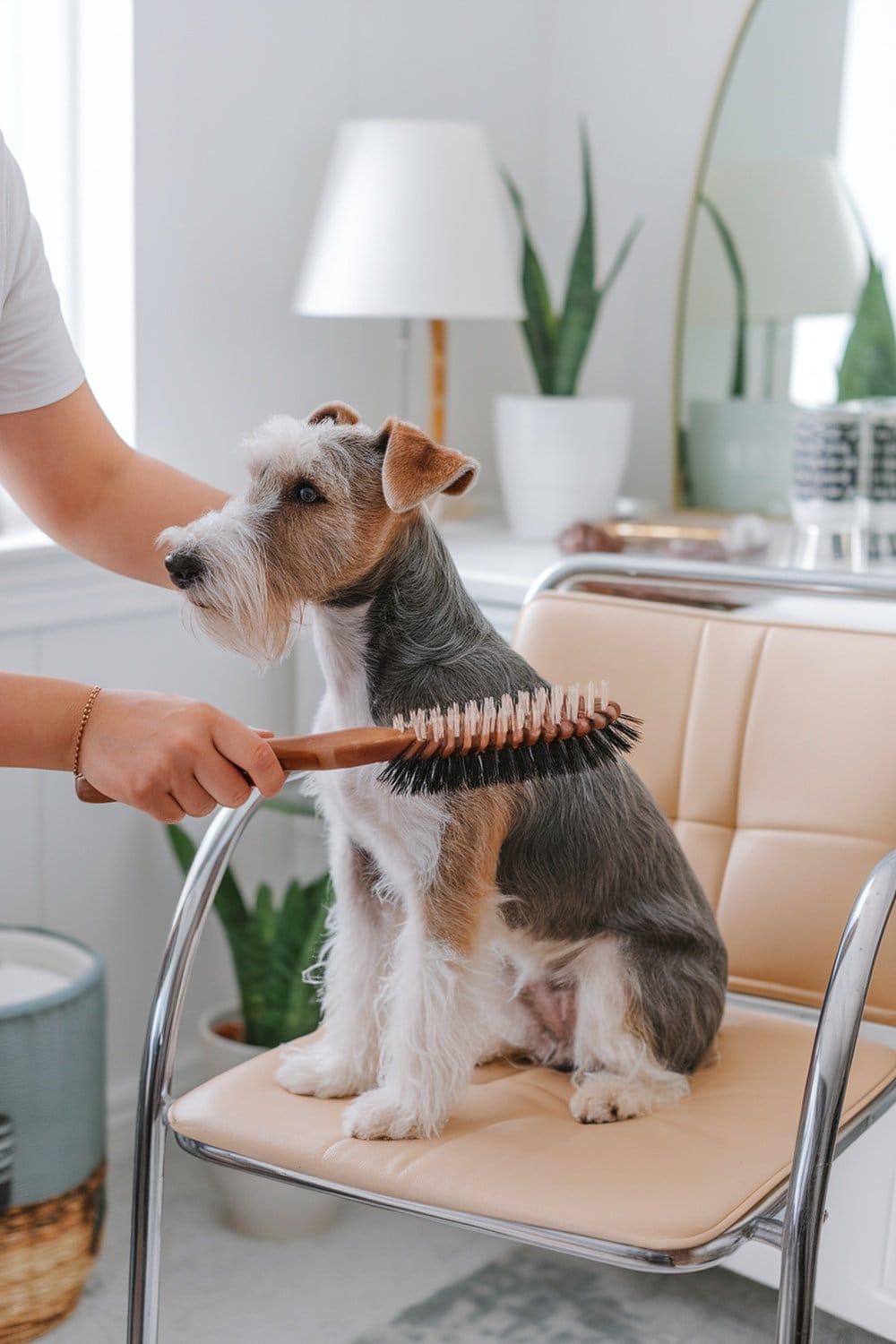 A person brushing a Wire Fox Terrier sitting on a chair.
