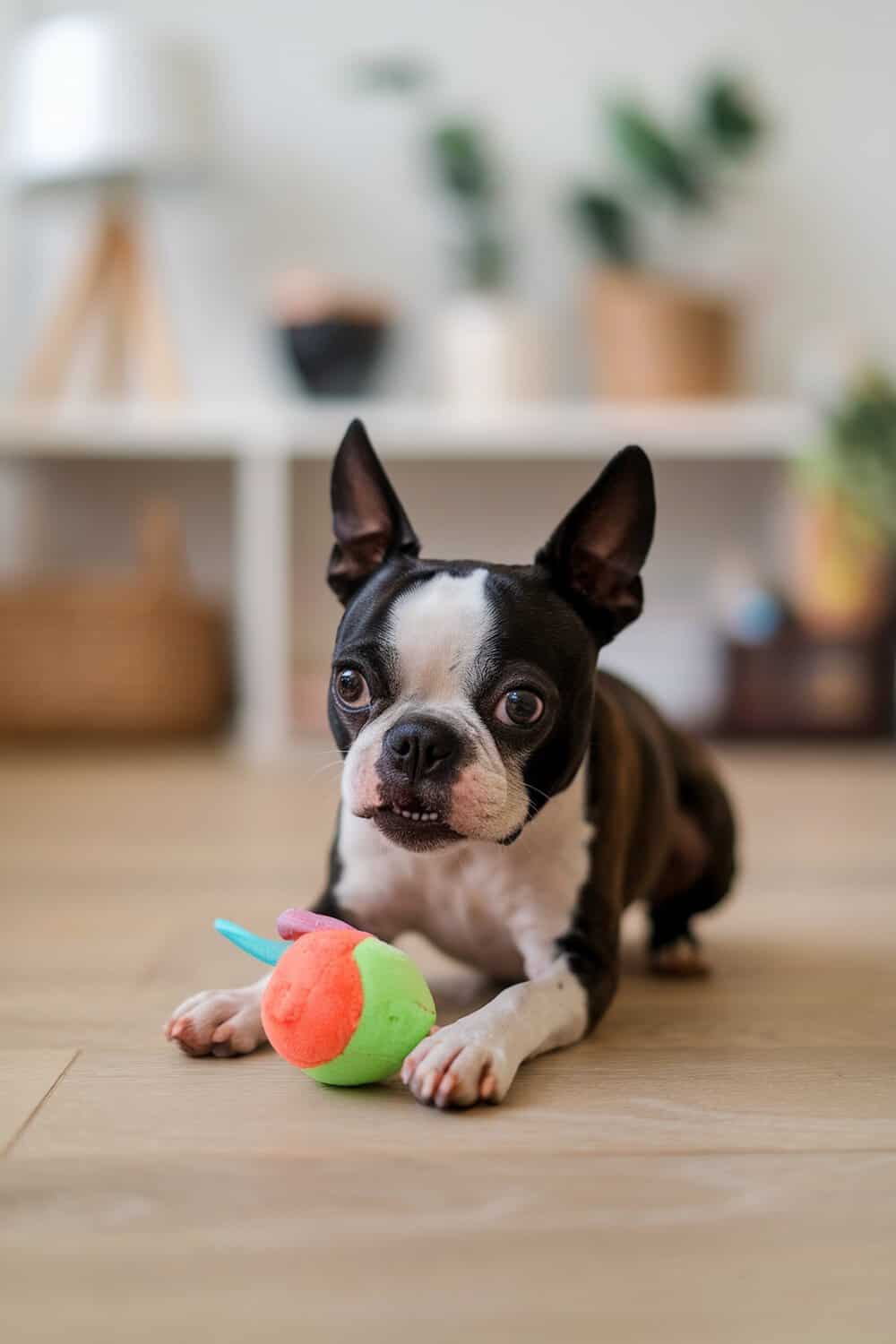 Playful Boston Terrier with big eyes lying on the floor with a colorful toy.