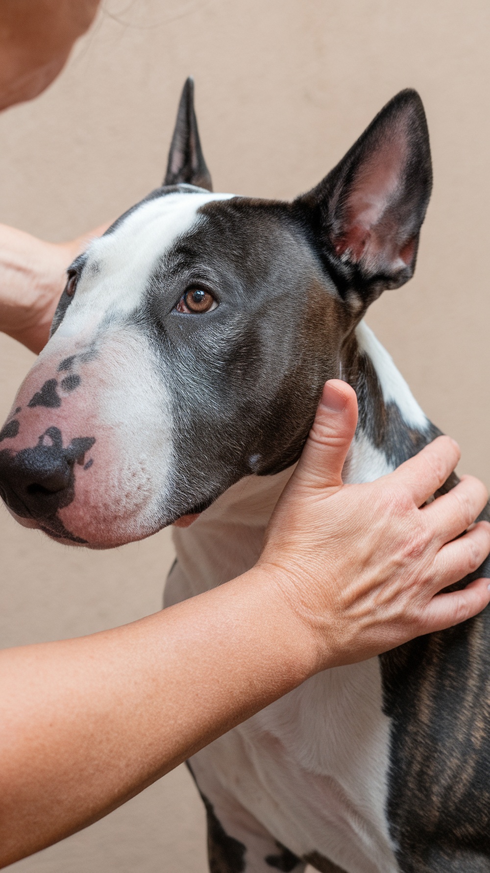 A person gently examining the face of an American Bull Terrier.