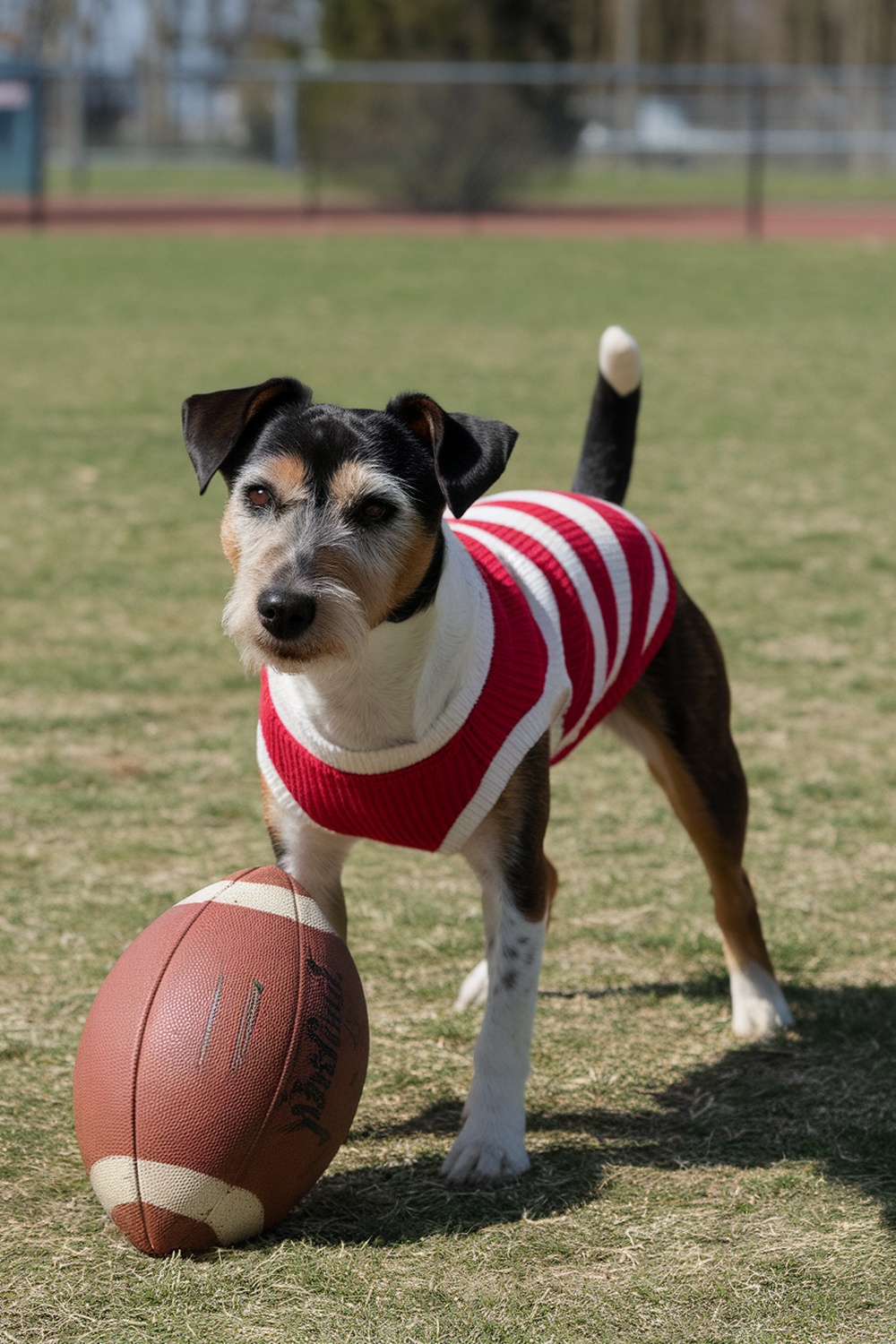 A spirited terrier dog wearing a red and white striped sweater, standing on grass next to a football.