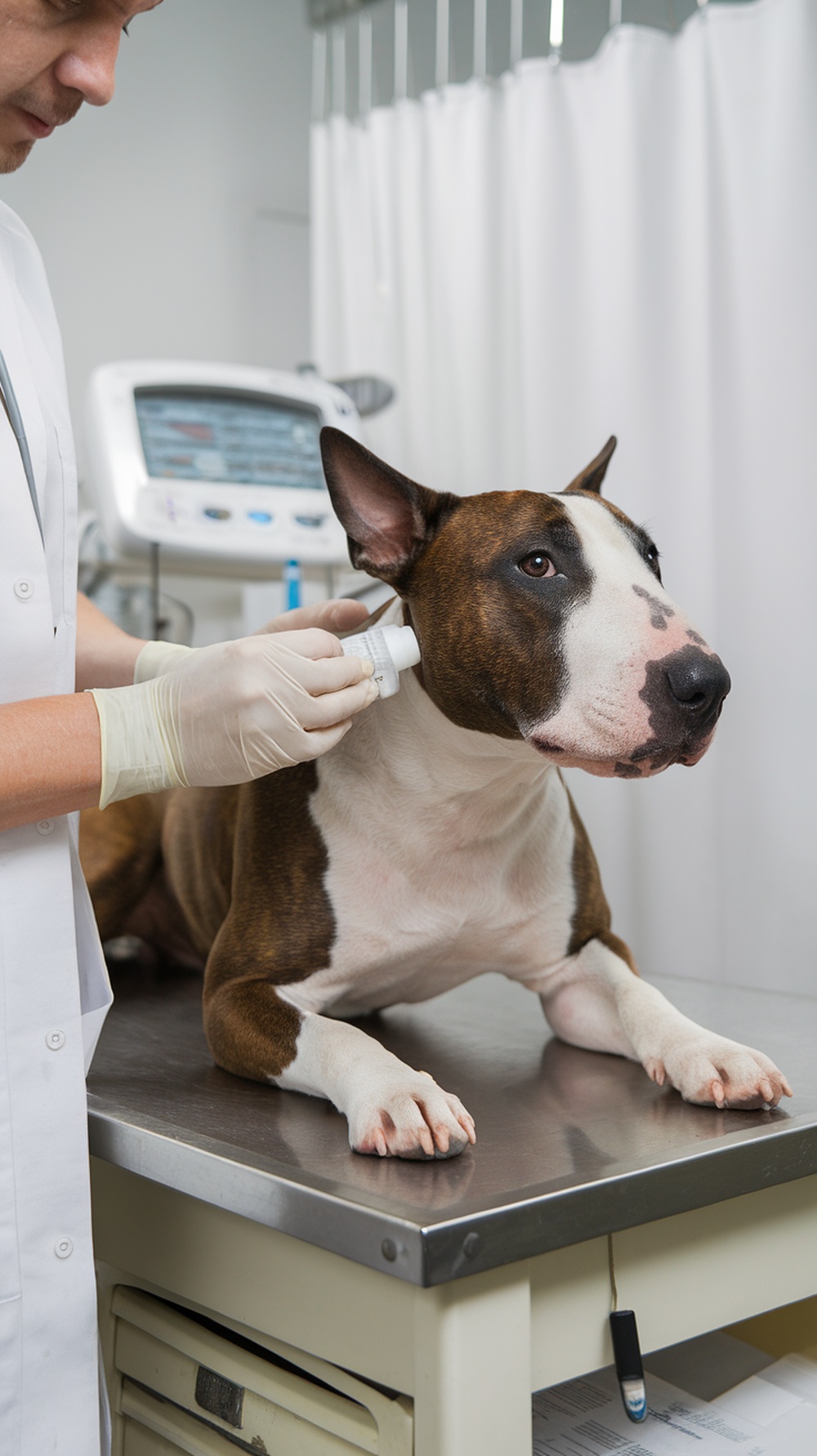A veterinarian examining an American Bull Terrier for allergies.