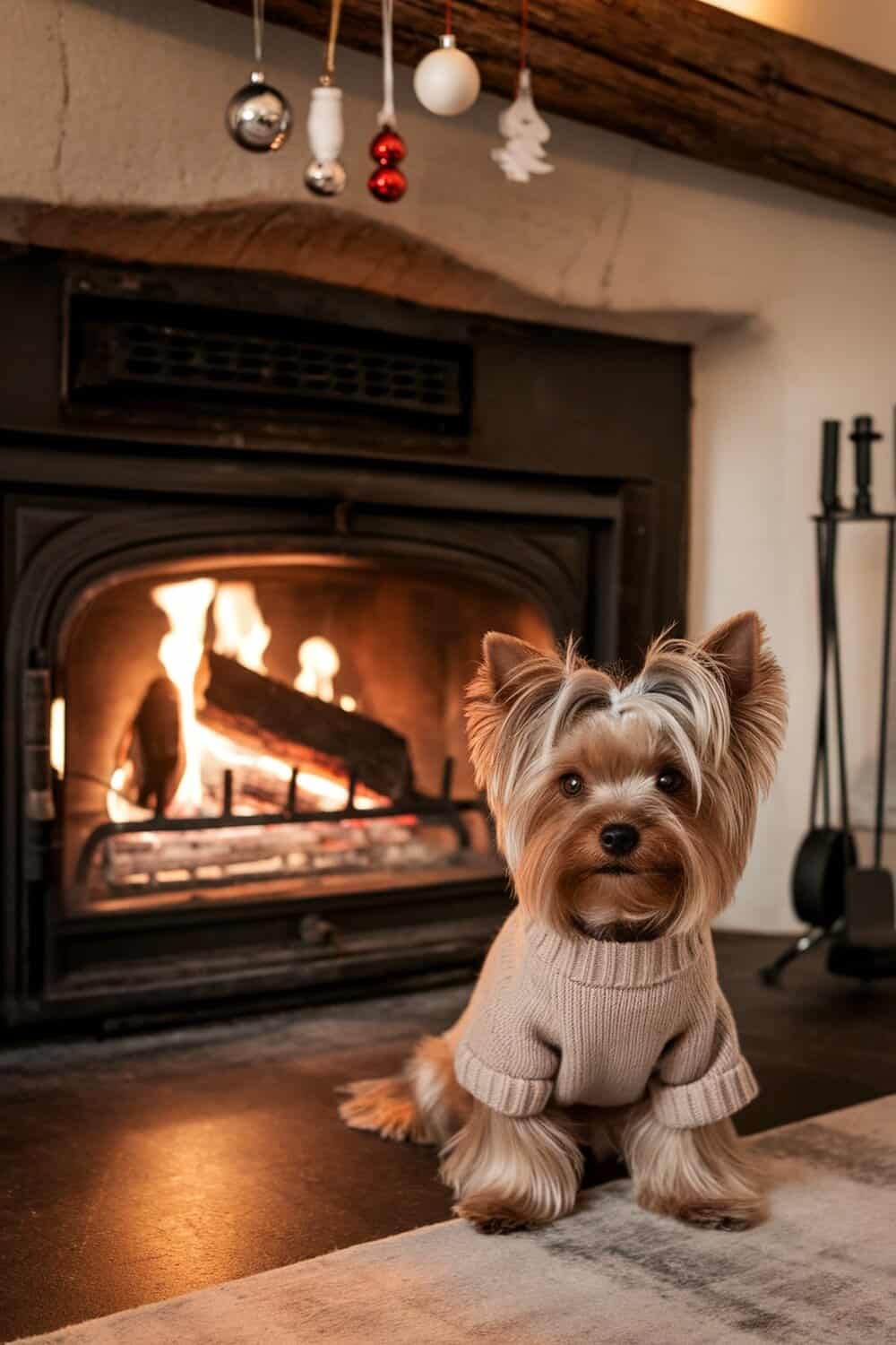 Yorkie with a teddy bear cut sitting by a fireplace