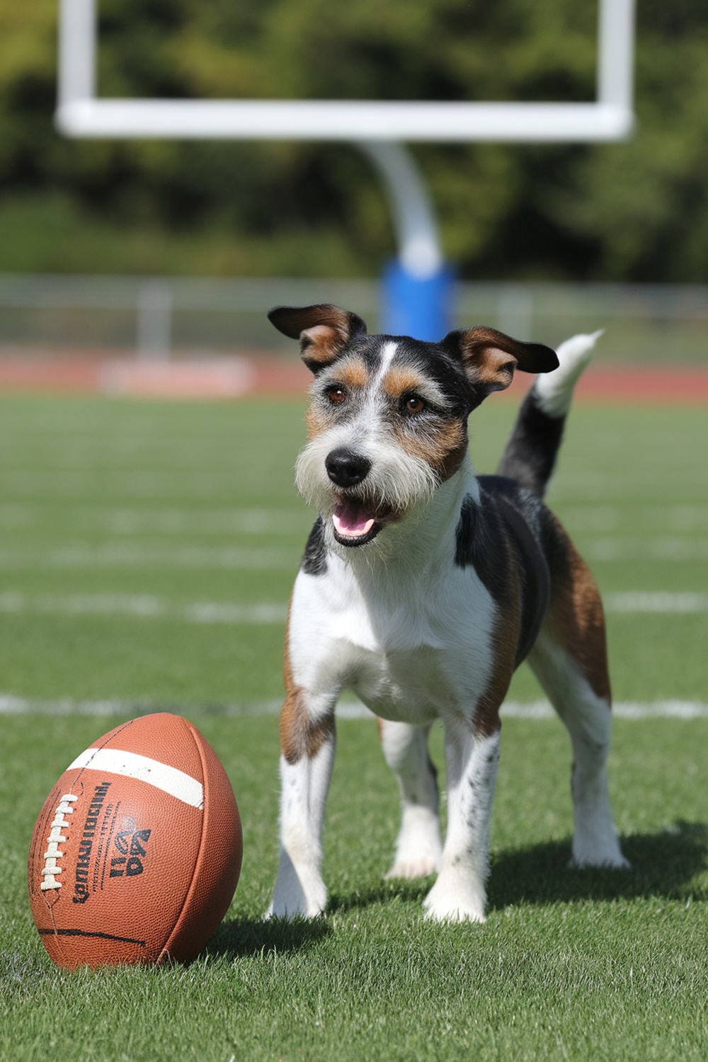 A spirited terrier dog standing on a football field with a football.