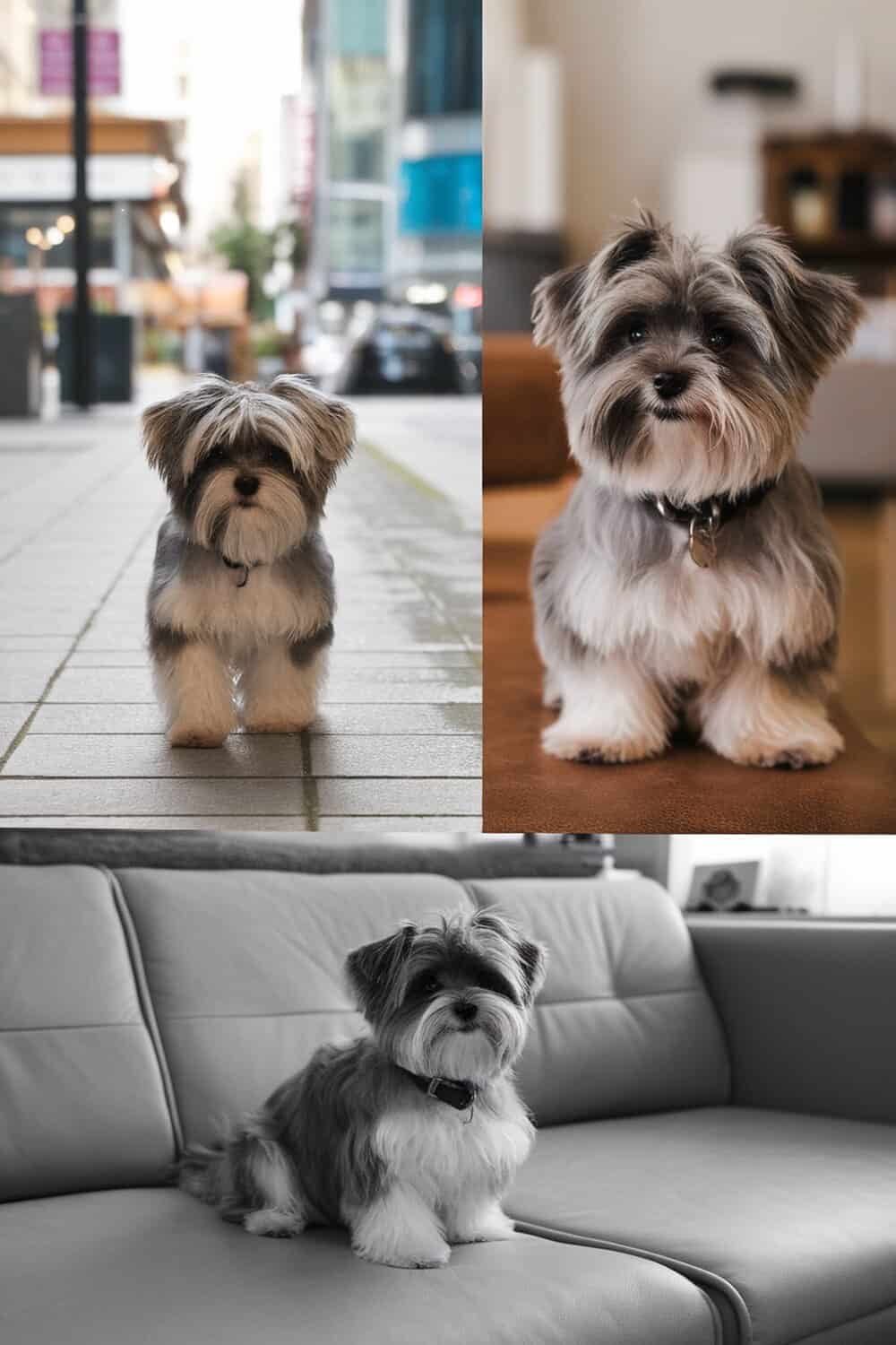 A Maltese Yorkie mix (Morkie) in various settings, showcasing adaptability.