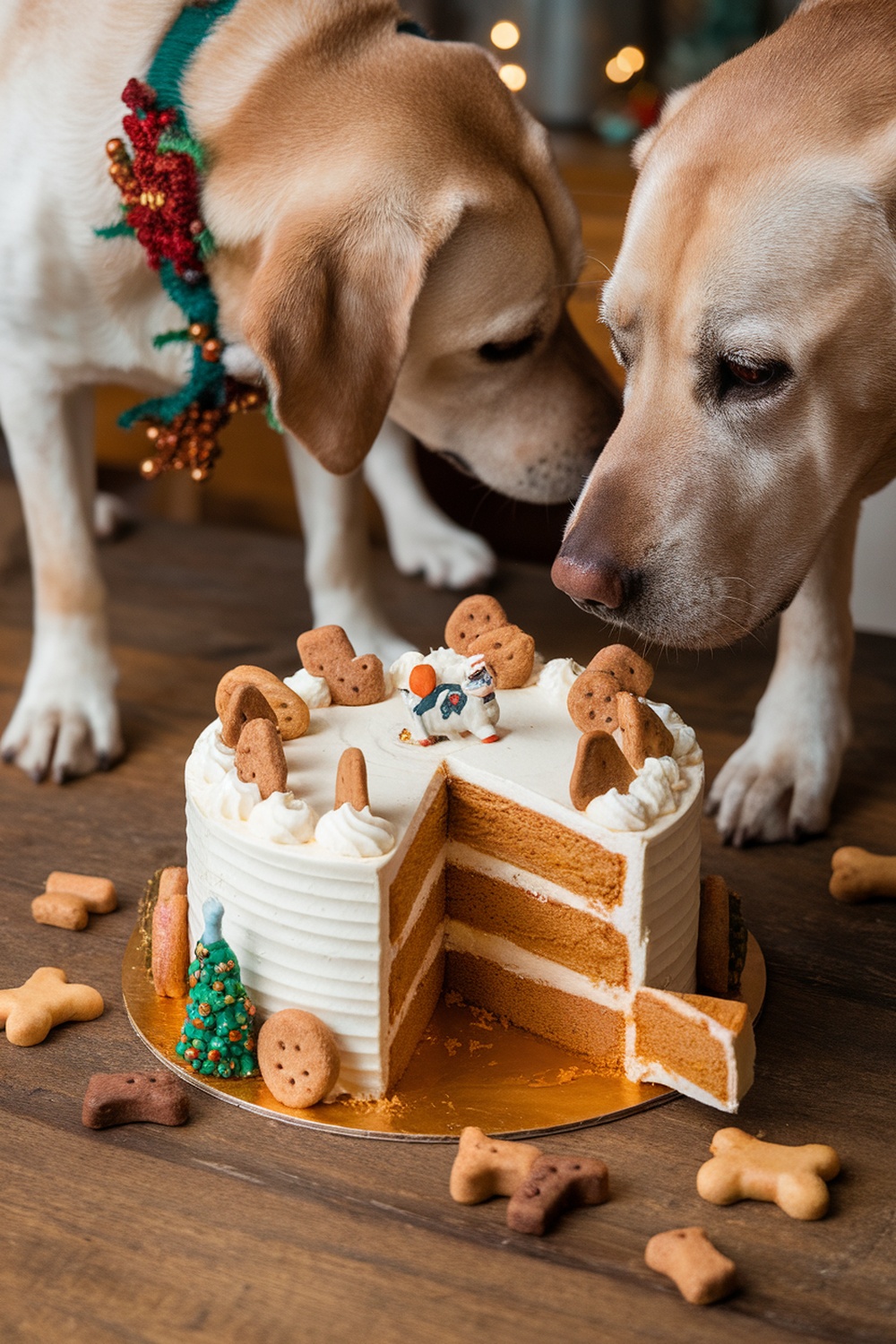 A festive dog cake made with pumpkin and apple, decorated with dog treats and two curious dogs sniffing around it.