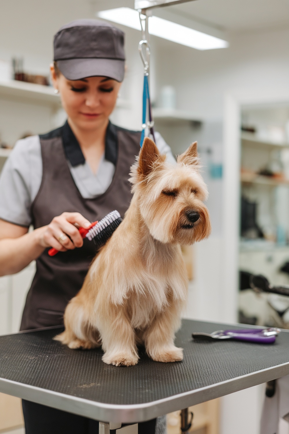 A groomer brushing a Cairn Terrier in a pet grooming salon.