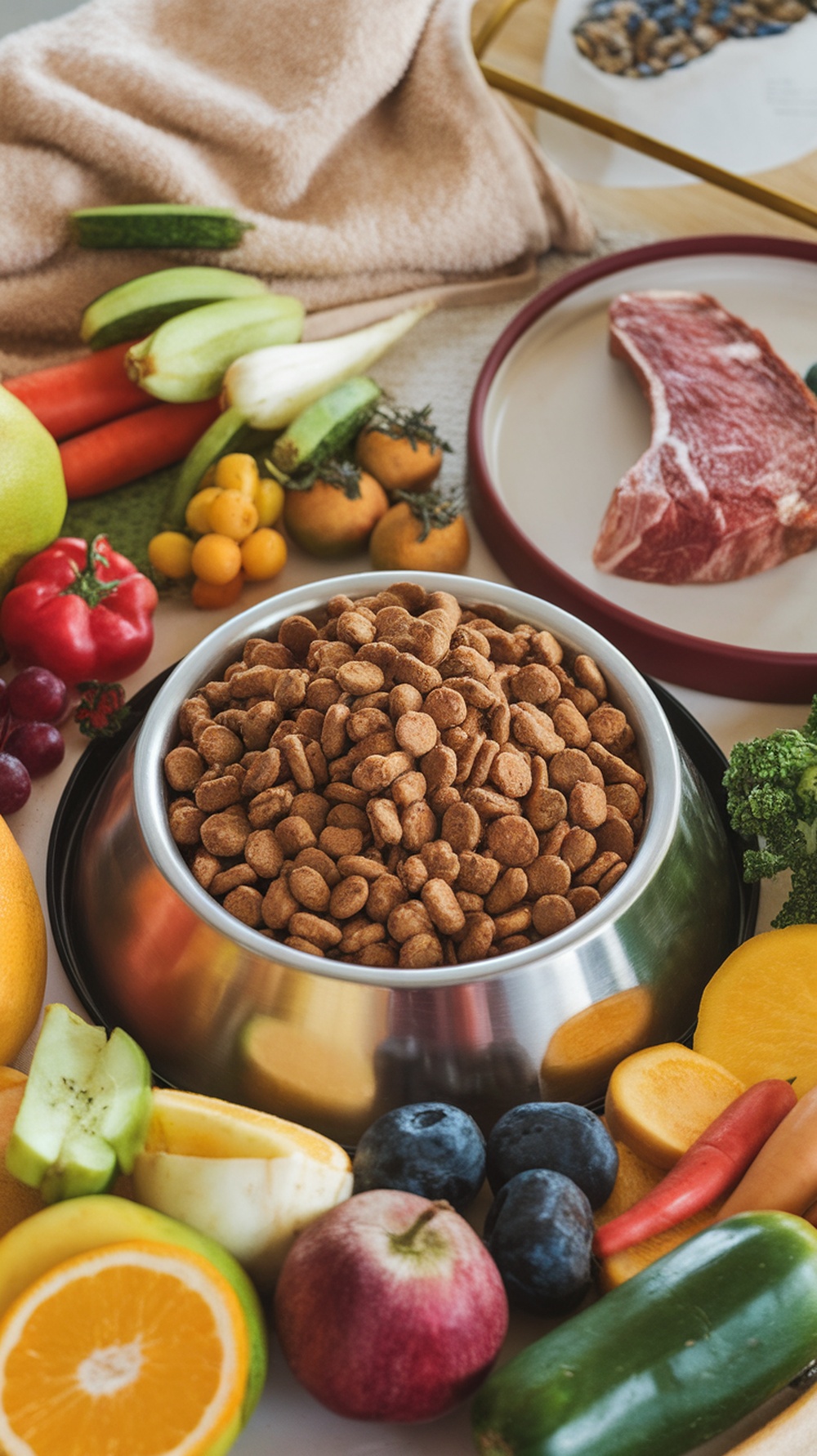 A bowl of dog food surrounded by fresh fruits and vegetables, showcasing a balanced diet.