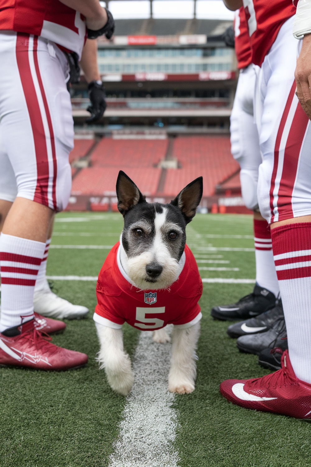 A Welsh Terrier wearing a red jersey on a football field surrounded by players.
