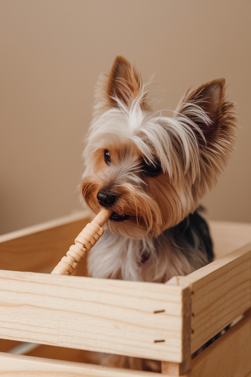 A mini Yorkie chewing on a dental stick in a wooden crate.