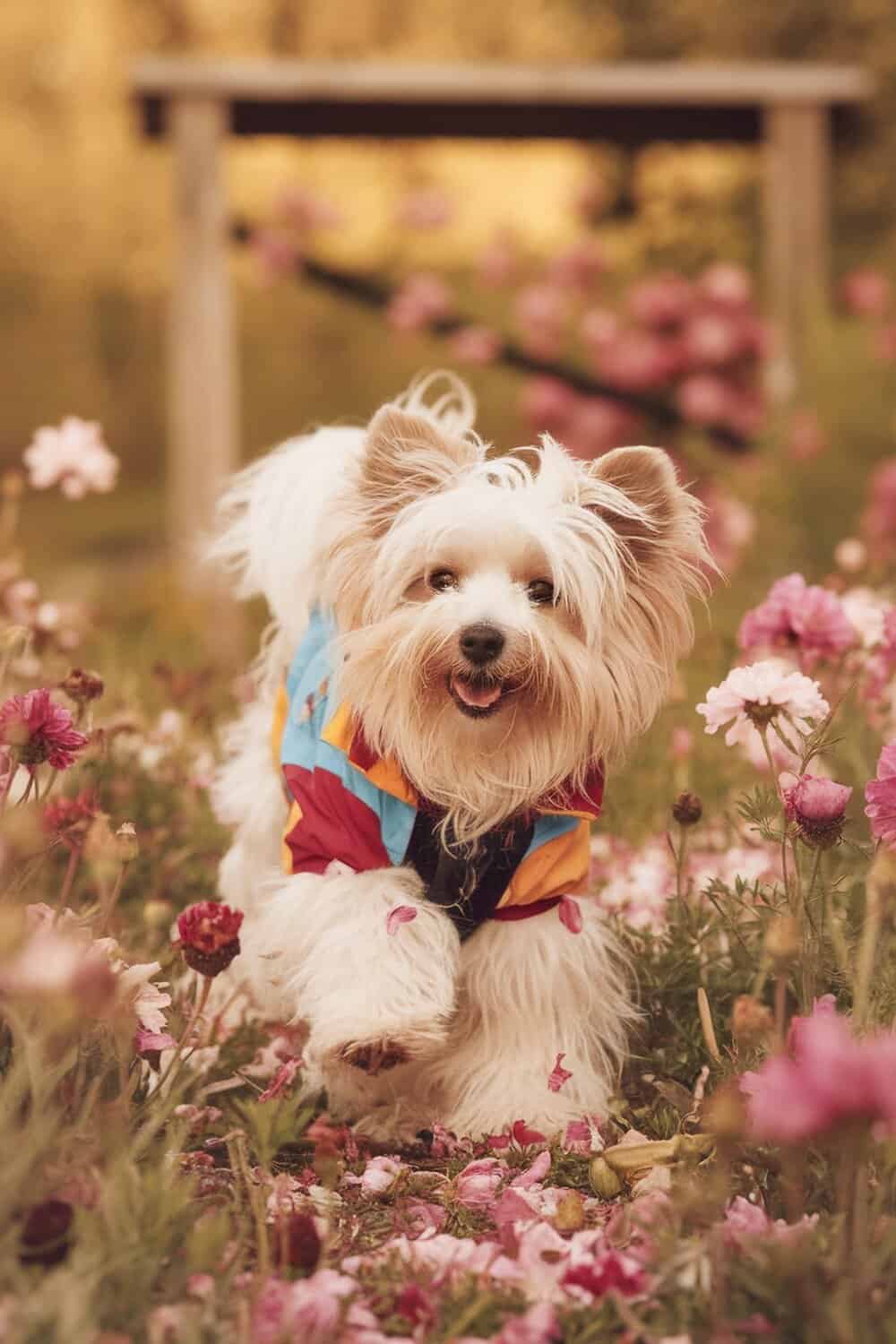 A happy Coton de Tulear dog playing in a field of flowers.