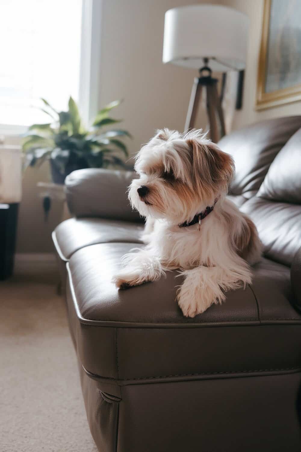 A Maltese Yorkie mix relaxing on a couch.