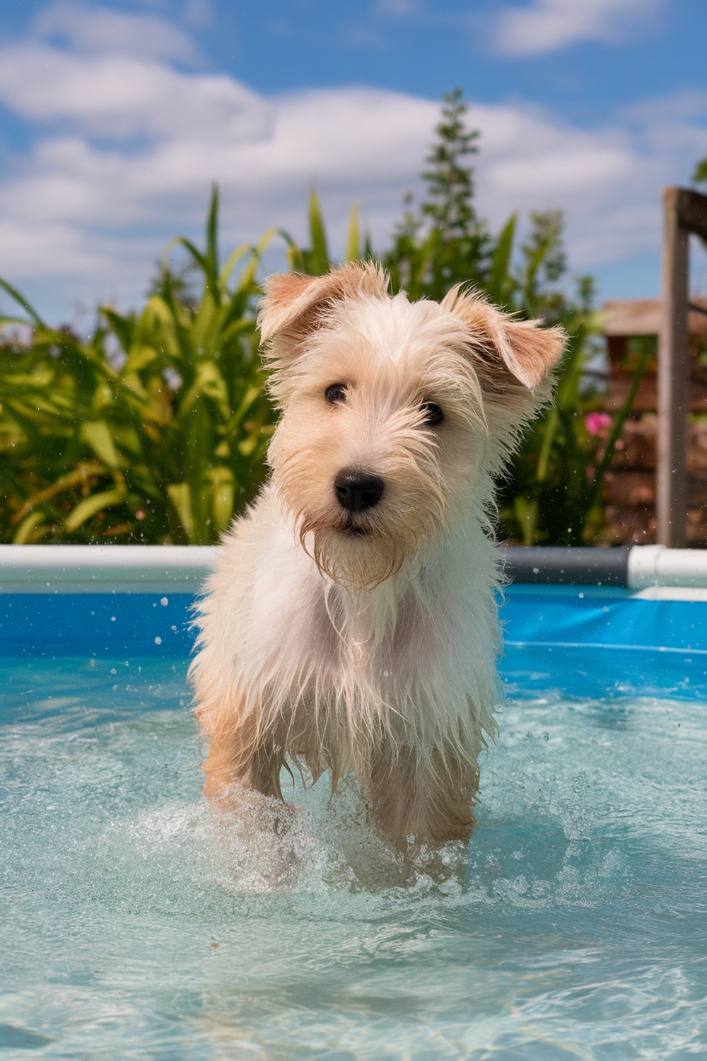 A Wheaten Terrier puppy playing in a small pool, splashing water around with a joyful expression.