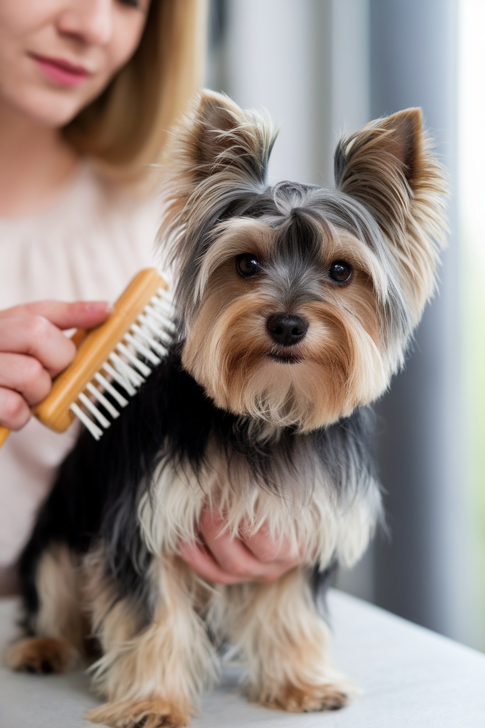 A person brushing a Mini Yorkie's fur, showcasing grooming care.