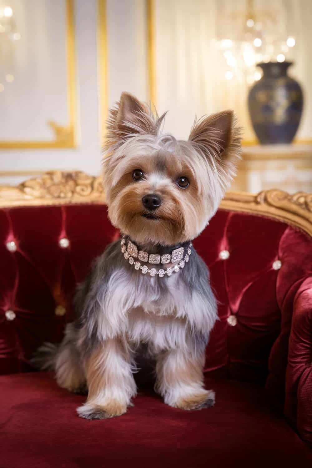 Yorkshire Terrier with a glamorous teddy bear cut sitting on a red velvet chair.