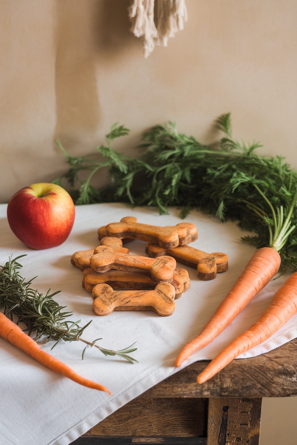 Apple and carrot dog treats shaped like bones, surrounded by fresh apples and carrots.