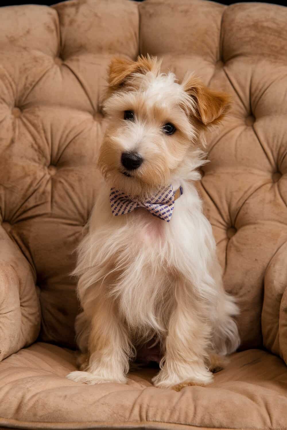 A cute Wheaten Terrier puppy wearing a bowtie, sitting on a plush chair.