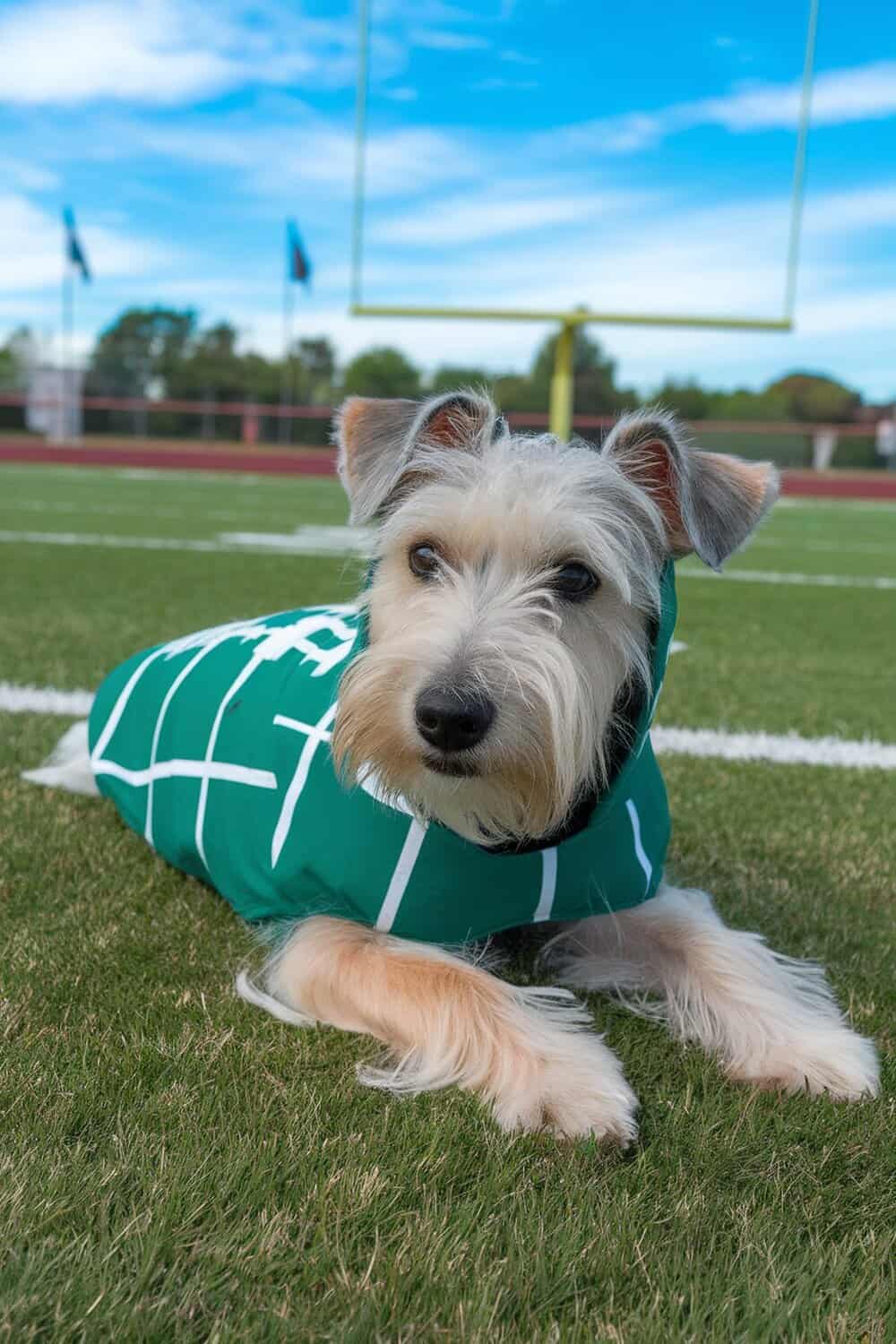 A terrier dog wearing a green turf outfit with white lines, lying on a football field.