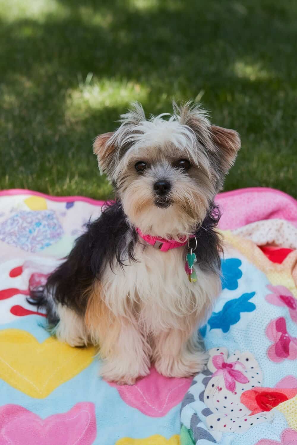 A charming Shorkie dog sitting on a colorful blanket, looking playful.