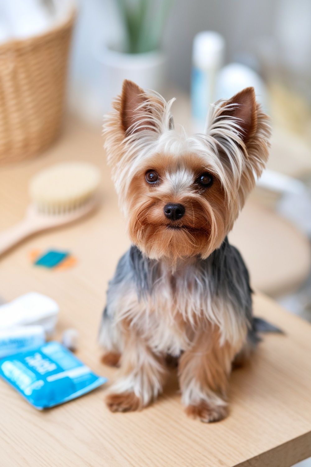 A Yorkshire Terrier sitting on a table with grooming supplies around.