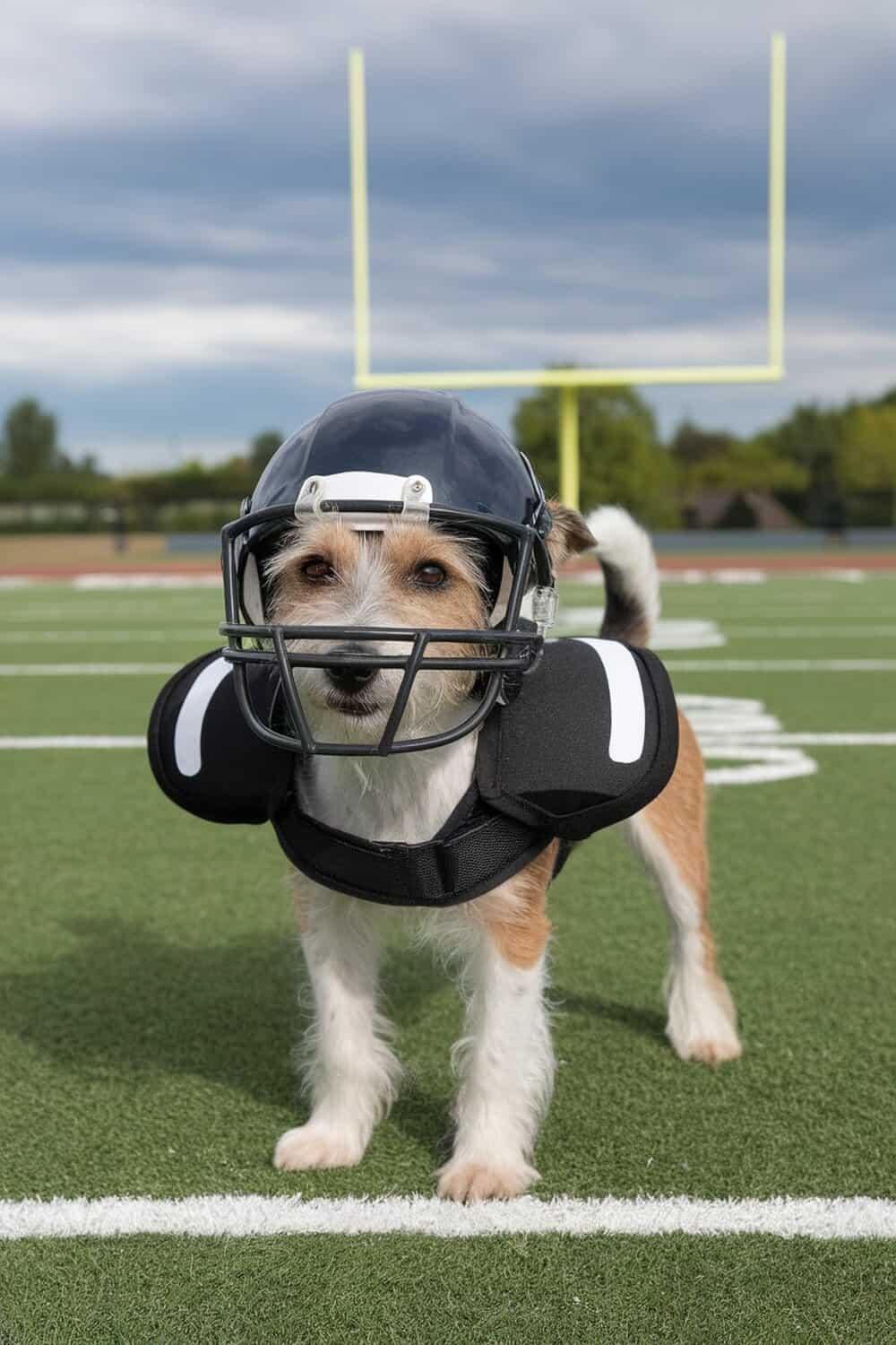 A terrier dog wearing a football helmet and shoulder pads on a football field.
