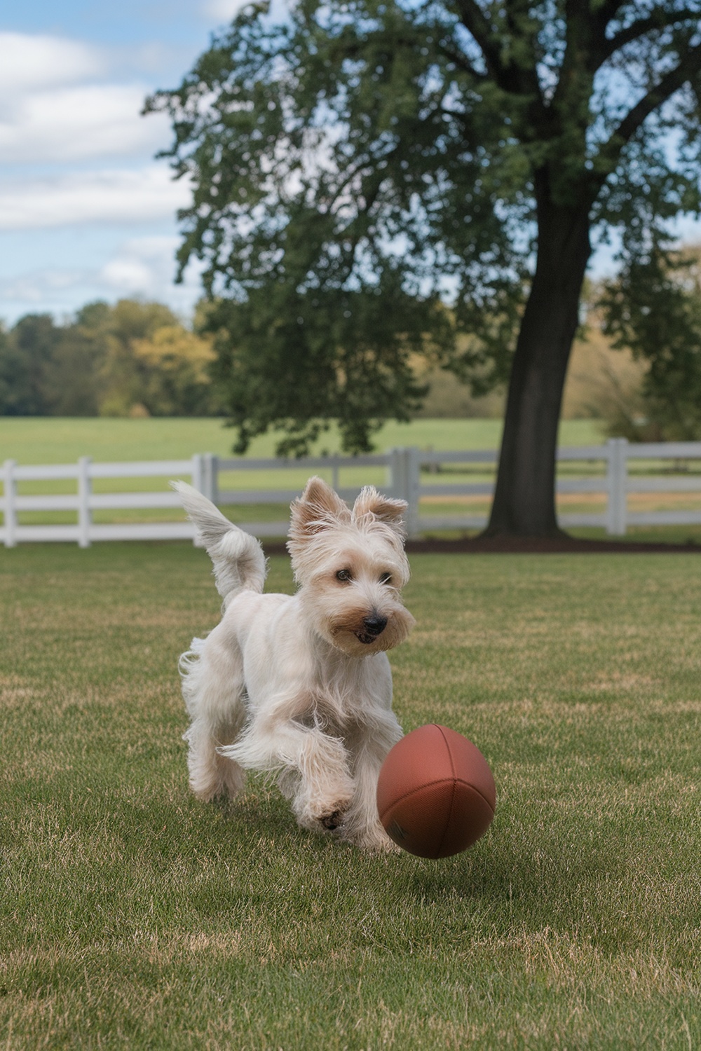 A Skye Terrier running with a football in a grassy field.