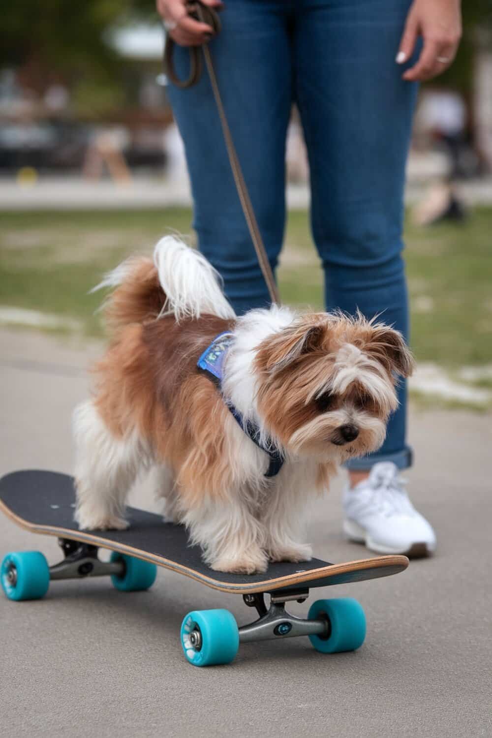 A Maltese Yorkie mix (Morkie) on a skateboard, showcasing its playful nature.