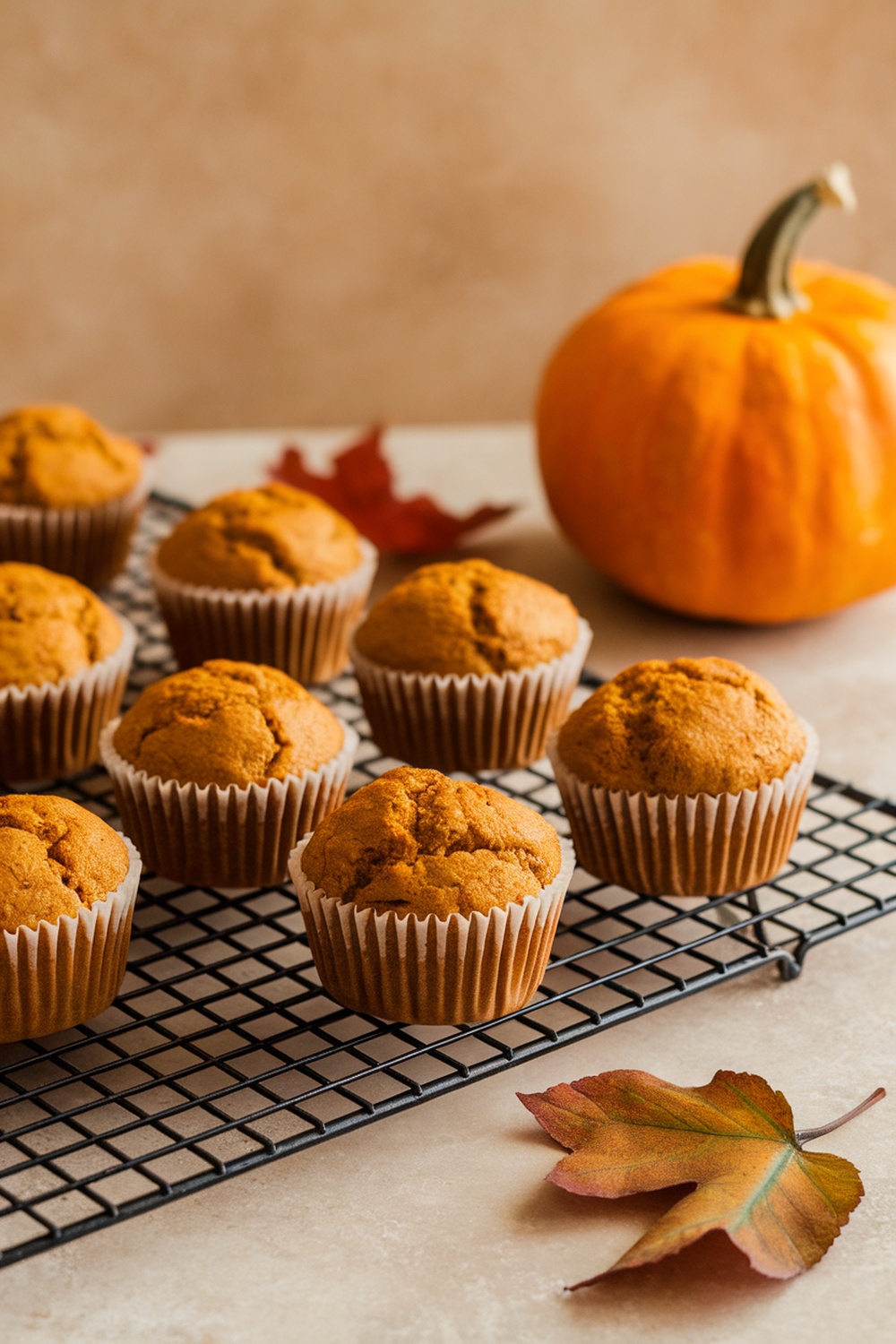 A tray of freshly baked pumpkin spice dog muffins with a pumpkin in the background.
