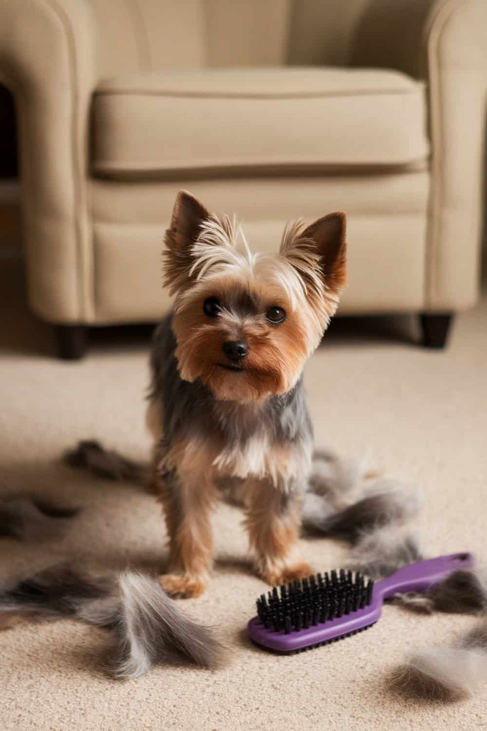 A Yorkshire Terrier stands on a carpet surrounded by shed fur and a purple brush.