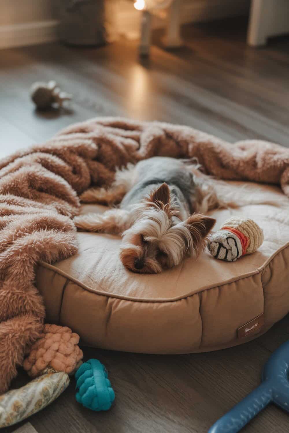 A mini Yorkie resting on a cozy bed surrounded by toys.