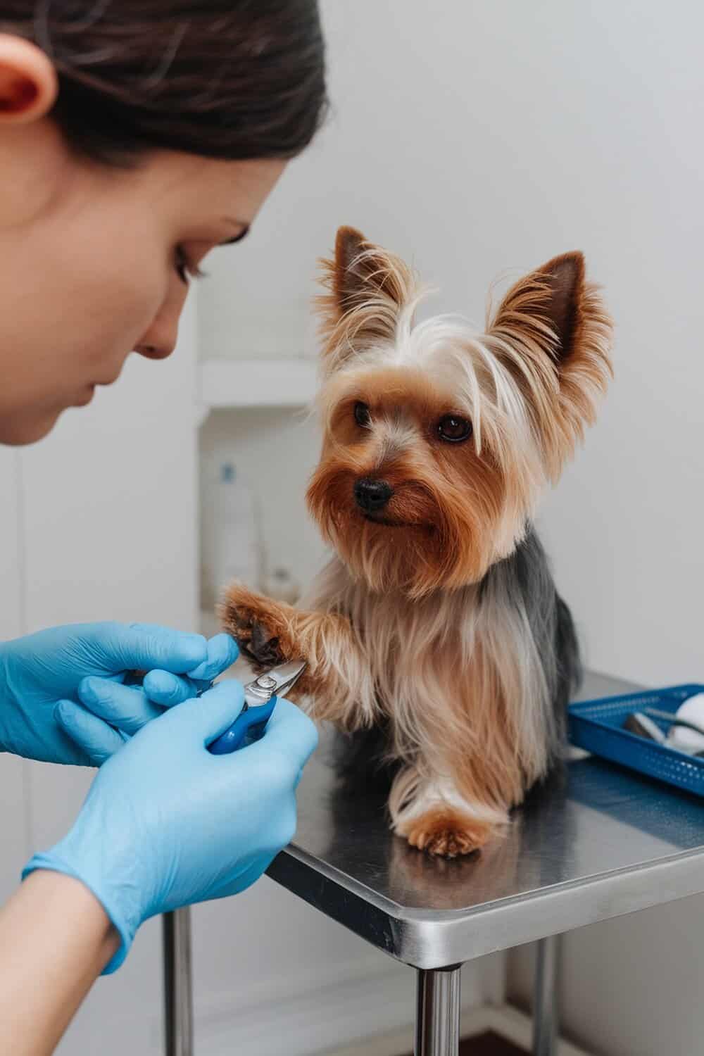 A person clipping the nails of a Yorkshire Terrier.