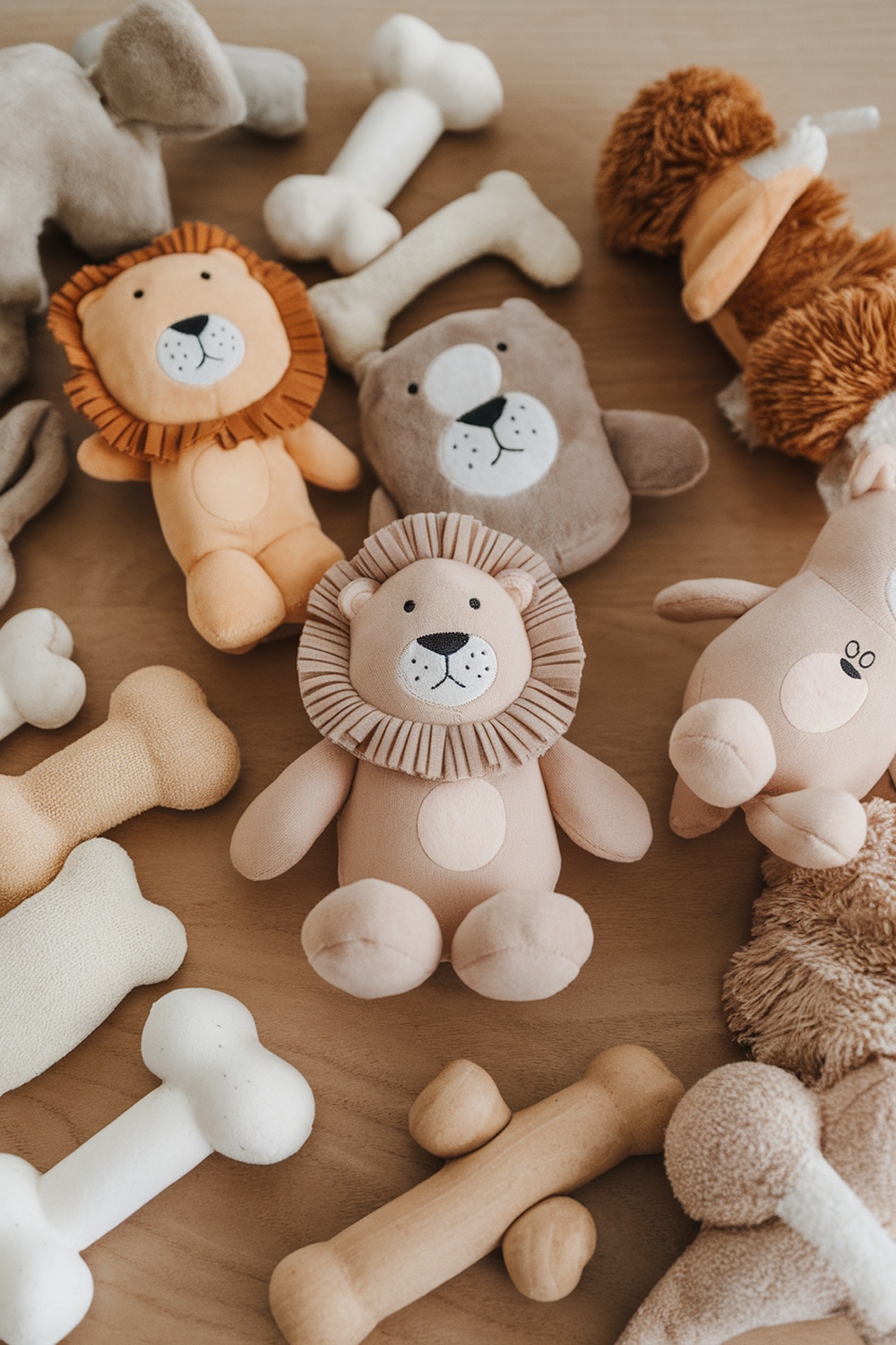 A variety of plush toys and chew bones suitable for small dogs.