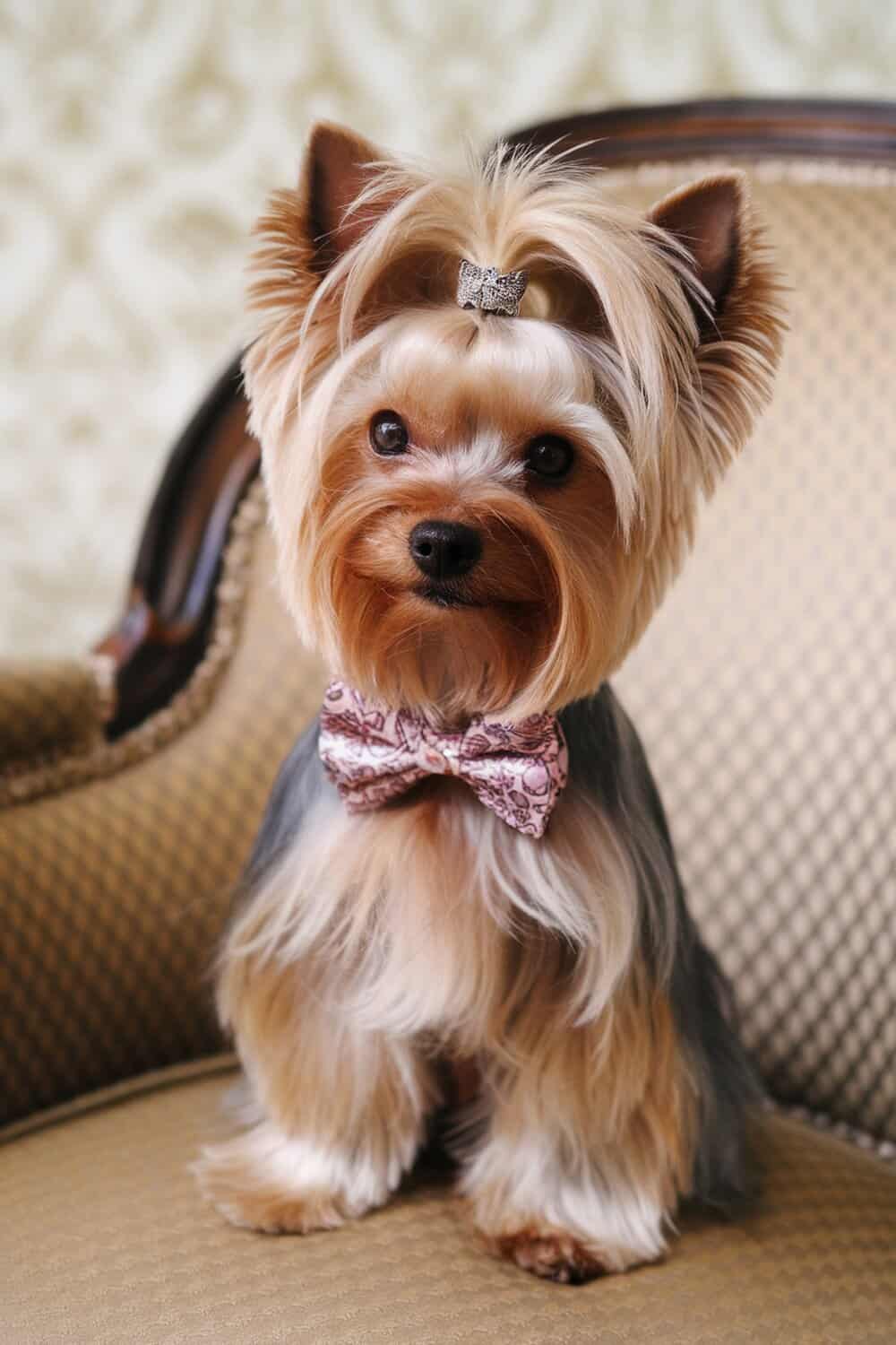 Yorkshire Terrier with a teddy bear cut and a bow tie, sitting on a chair