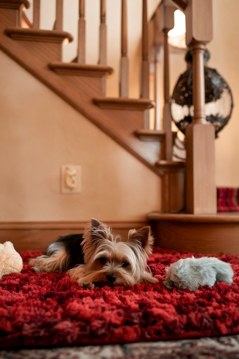 A Mini Yorkie resting on a red rug with toys nearby.