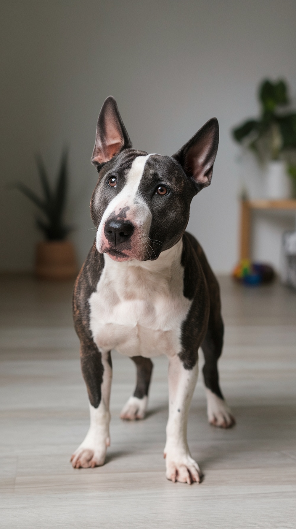 An American Bull Terrier looking curiously at the camera, showcasing its expressive features.