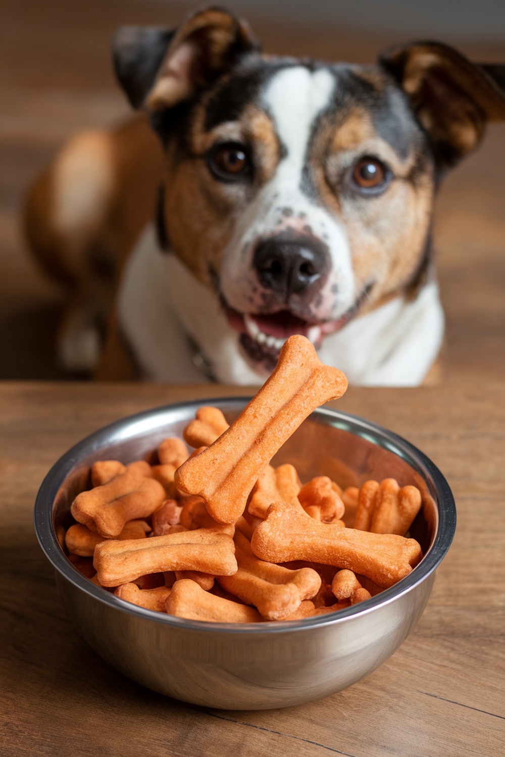 A bowl of sweet potato dog treats with a happy dog in the background.