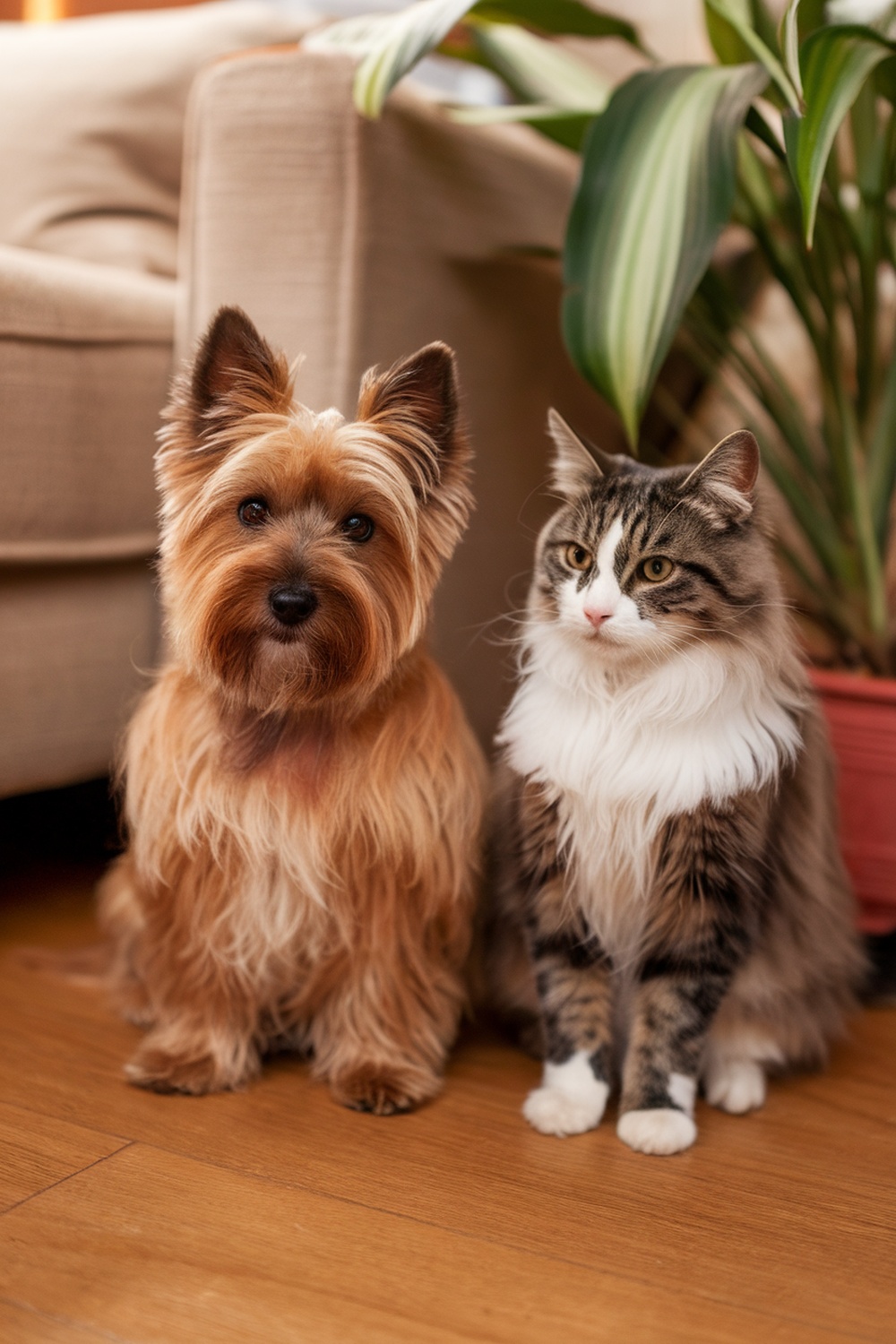 A Cairn Terrier sitting next to a cat, both looking friendly and relaxed.