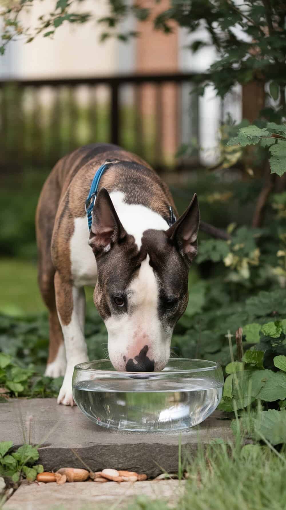 An American Bull Terrier drinking water from a bowl in a garden.
