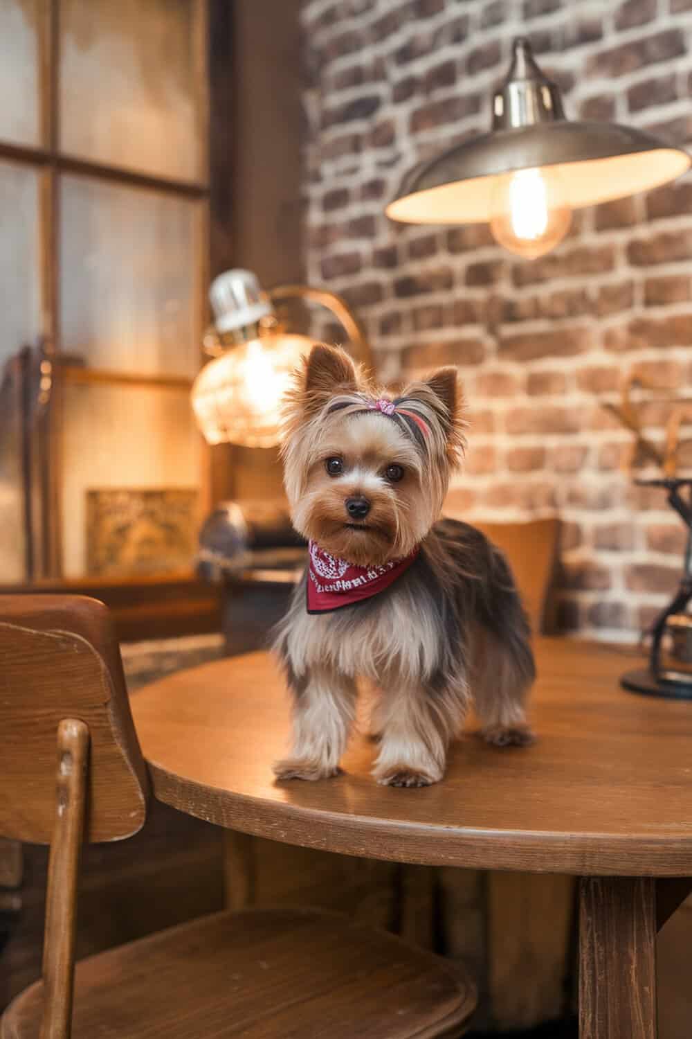 A Yorkie with a Retro Teddy Bear Cut, wearing a red bandana, standing on a wooden table.