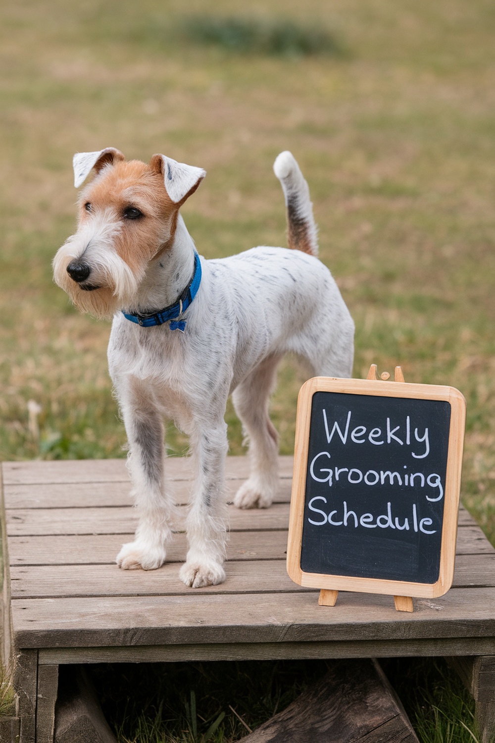 A Wire Fox Terrier standing next to a chalkboard that says 'Weekly Grooming Schedule'.