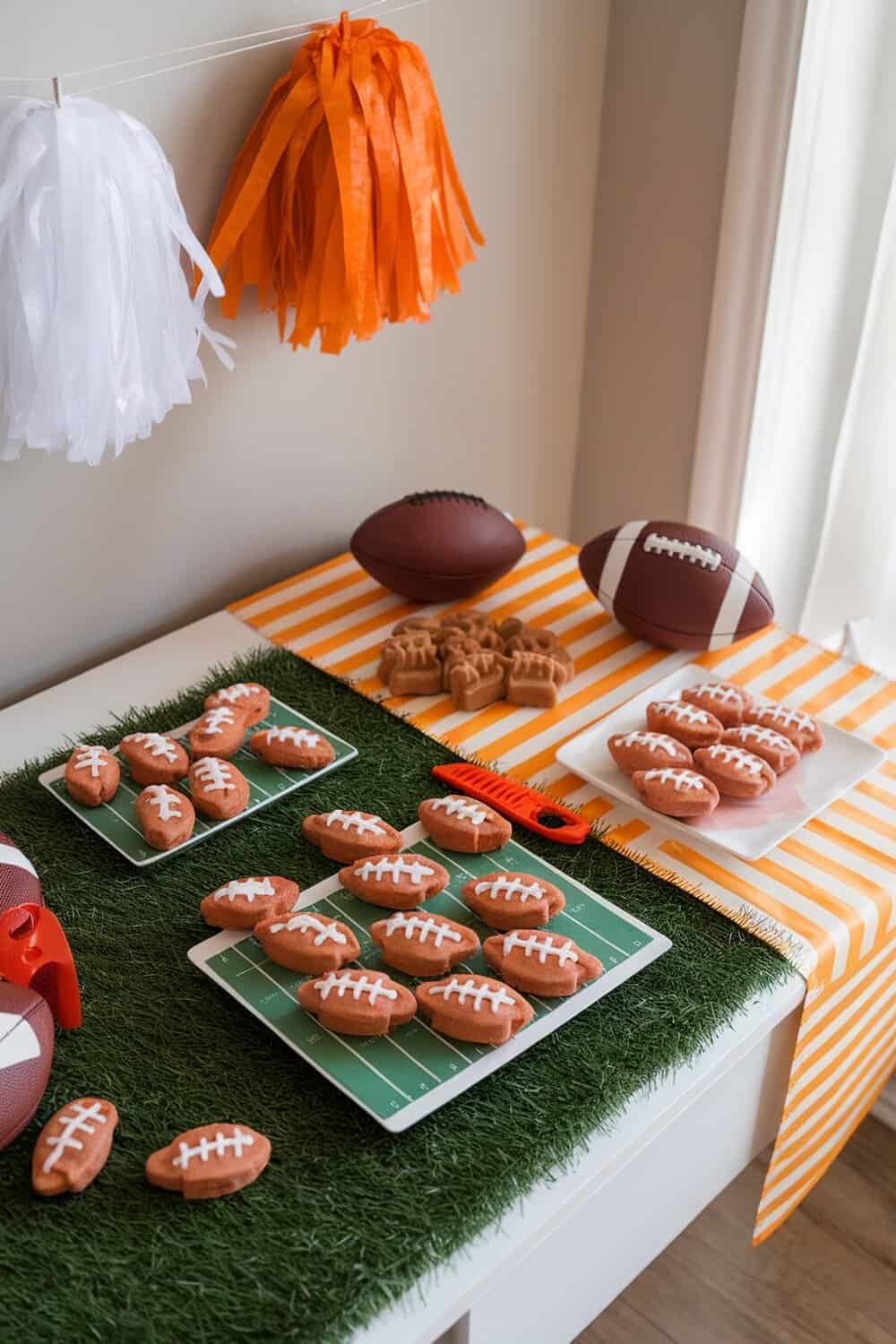 A table decorated for a Super Bowl party with football-shaped dog treats and decorations.
