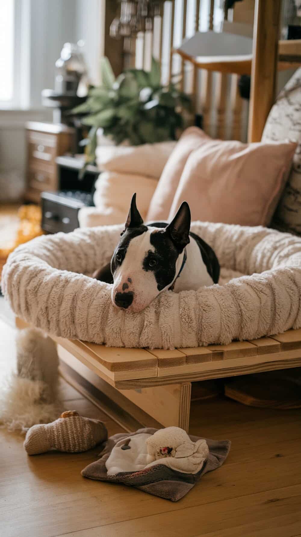 A comfortable sleeping area for an American Bull Terrier with a soft bed and toys.