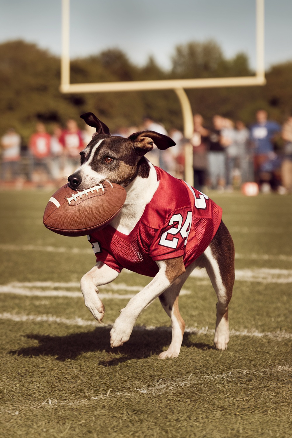 A spirited terrier dog wearing a red football jersey, running with a football in its mouth on a field.