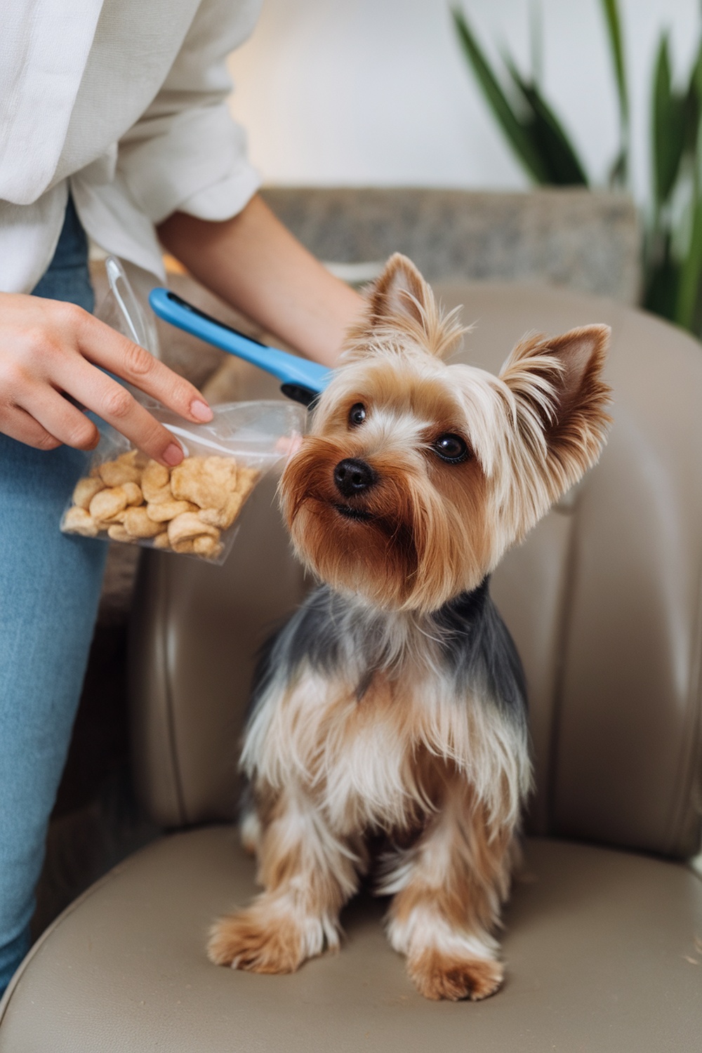 A Yorkshire Terrier sitting on a chair while a person holds a bag of treats, preparing for grooming.