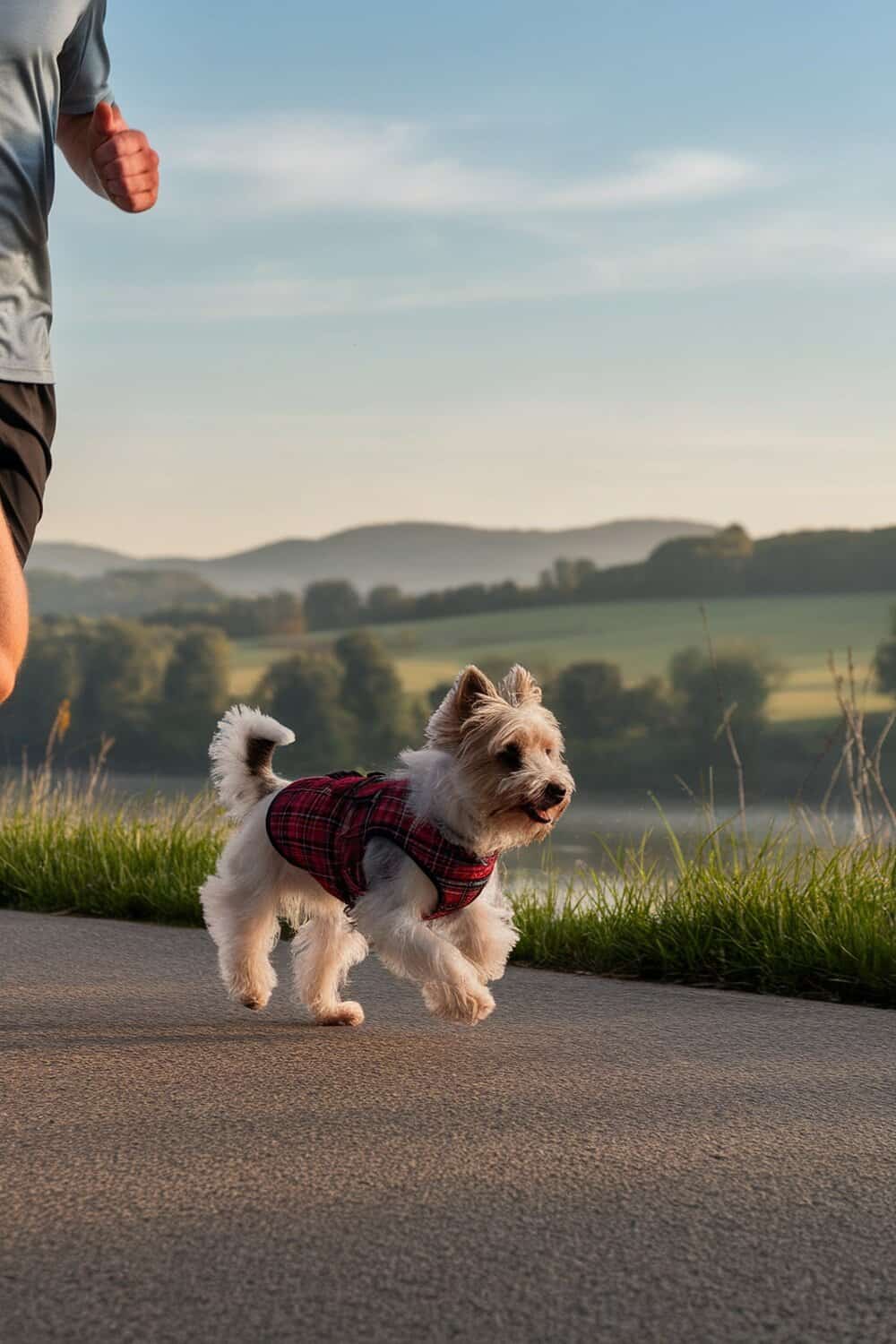 A Cairn Terrier running alongside a person on a scenic path.