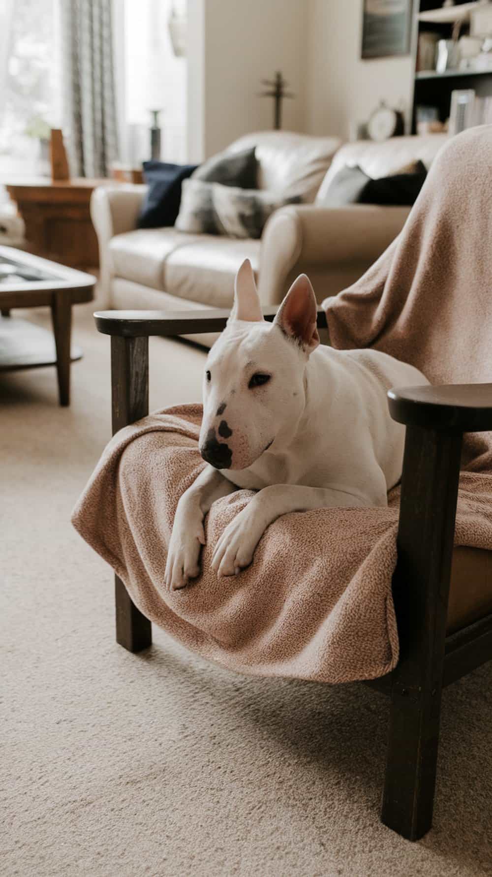An American Bull Terrier relaxing on a chair with a cozy blanket.