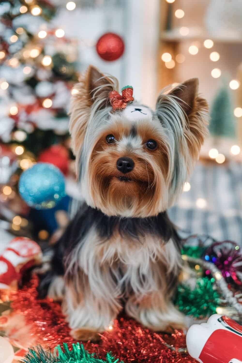 Yorkshire Terrier with a teddy bear cut, festive decorations in the background