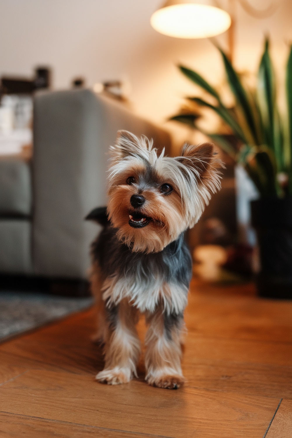 A Mini Yorkie standing in a cozy living room, looking cheerful.