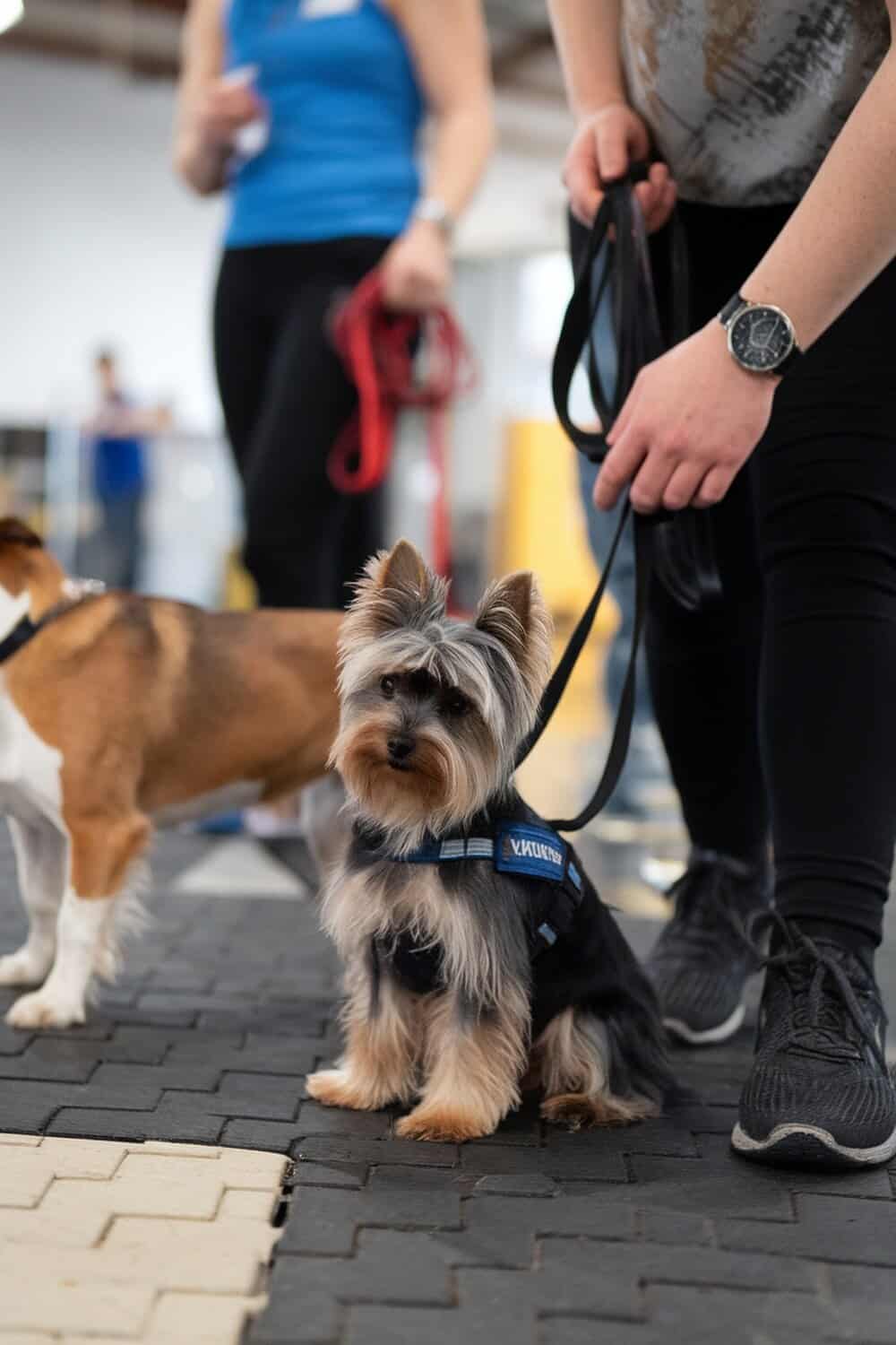 A Mini Yorkie in a harness, standing near a person holding a leash, in a training environment.