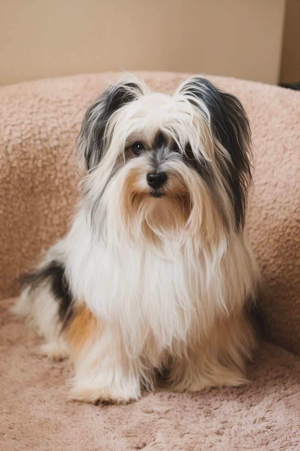 A cute Havanese dog with fluffy fur sitting on a cozy surface.